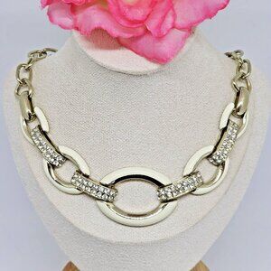 DILLARD'S Cream White Enamel & Rhinestone Gold Tone Chain Link Choker Necklace